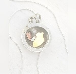 BIRD HEART HOLLOW PENDANT HANDMADE IN STERLING SILVER,COPPER & BRASS METAL